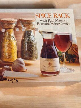 Vintage 1970s Paul Masson Wine Carafe Spice Rack Gift Set Wall Mount NIB